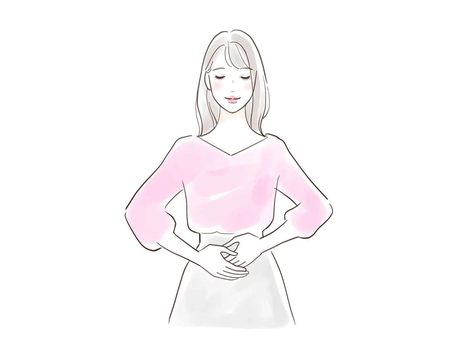 お腹に手を当てている笑顔の女性